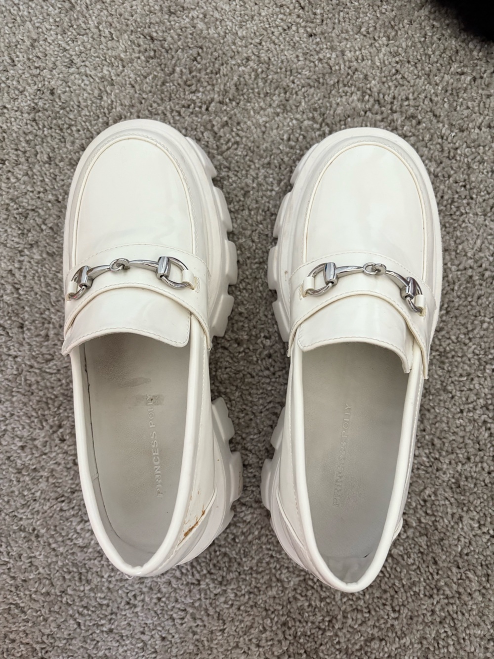 Princess Polly White Patent Lug Sole Loafers with Silver Hardware